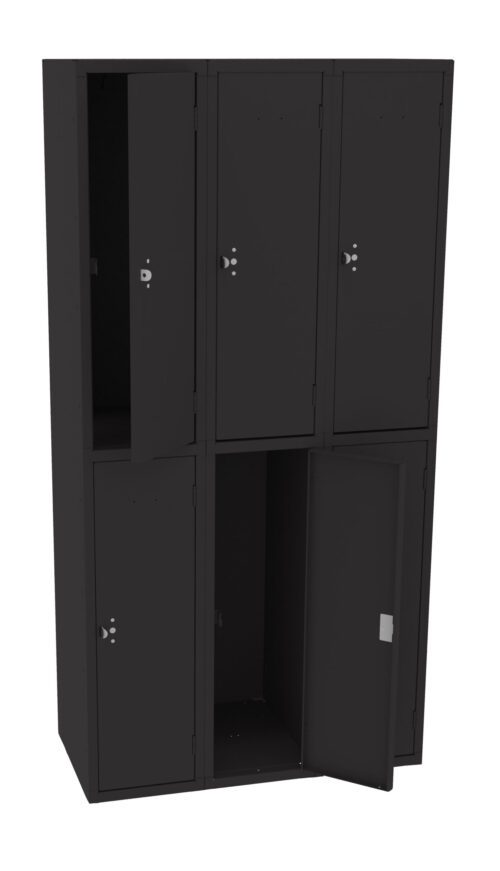 qhktdfjnf4clgffntuqg.jpg A set of six black lockers arranged in two rows of three. Three of the locker doors are slightly ajar, revealing empty interior spaces, while the other three are closed. The lockers have simple locking mechanisms on each door.