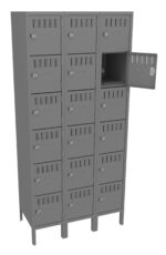 A gray metal locker unit with three columns and multiple compartments, each secured by a lock. One compartment door is open, showing an empty interior. The lockers are designed for secure storage.