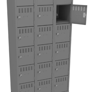 A gray metal locker unit with three columns and multiple compartments, each secured by a lock. One compartment door is open, showing an empty interior. The lockers are designed for secure storage.