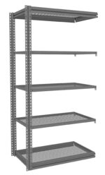 A gray metal shelving unit with five wire-mesh shelves is shown. The shelving is open on all sides and is designed for storage, typically used in garages, warehouses, or workshops. The unit is empty and stands on a white background.