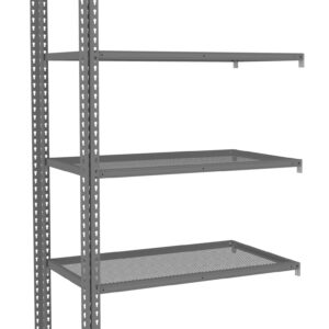 A gray metal shelving unit with five wire-mesh shelves is shown. The shelving is open on all sides and is designed for storage, typically used in garages, warehouses, or workshops. The unit is empty and stands on a white background.