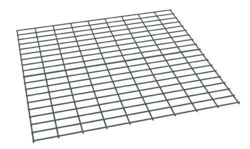 A 3D rendering of a metallic wire mesh grid, displayed at an angle. The grid consists of evenly spaced, intersecting horizontal and vertical lines, forming square openings. The perspective suggests depth and a slightly tilted view.