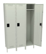 A light gray metal locker unit with three compartments. The middle locker is open, showing an empty interior with a single shelf and a hanging rod. The other two lockers are closed. Each locker has a ventilation slat and a black handle.