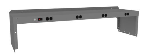 qigqokbxvkjfglcttt1s.jpg A gray metal power strip with eight black outlets, a red switch, and a small button. It features mounting brackets on both ends for easy installation. The strip is designed for industrial or workshop use.