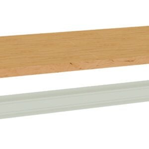 A rectangular wooden shelf with a smooth surface is shown above a white metal support bracket. The shelf and bracket are aligned horizontally against a plain white background.