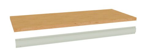 A rectangular wooden shelf with a smooth surface is shown above a white metal support bracket. The shelf and bracket are aligned horizontally against a plain white background.