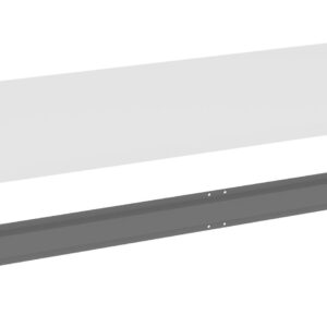 A 3D rendering shows a flat, rectangular white shelf above a long, horizontal gray metal support bracket. The bracket has multiple holes for mounting or attaching beneath the shelf.