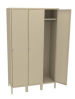 Three beige metal lockers stand side by side. The first two have closed doors, while the third is open, revealing an empty interior with a hanging rod and a shelf above it. The lockers have simple handles and a plain design.
