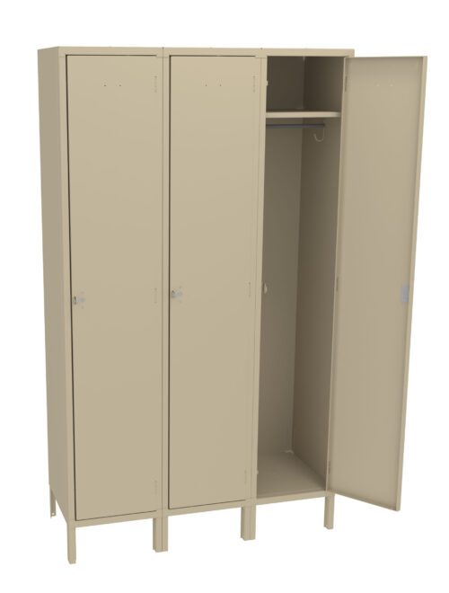 Three beige metal lockers stand side by side. The first two have closed doors, while the third is open, revealing an empty interior with a hanging rod and a shelf above it. The lockers have simple handles and a plain design.