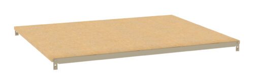 A rectangular wooden shelf with a light brown surface and a simple metal frame underneath.