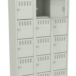 A beige metal locker unit with three columns and five rows of individual lockers. One locker door in the middle column is open, showing an empty compartment. Each locker has a vented design and a lock mechanism.