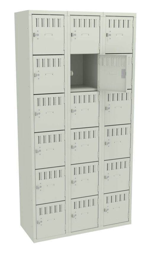 qjikockbzhodaat86nyc.jpg A beige metal locker unit with three columns and five rows of individual lockers. One locker door in the middle column is open, showing an empty compartment. Each locker has a vented design and a lock mechanism.