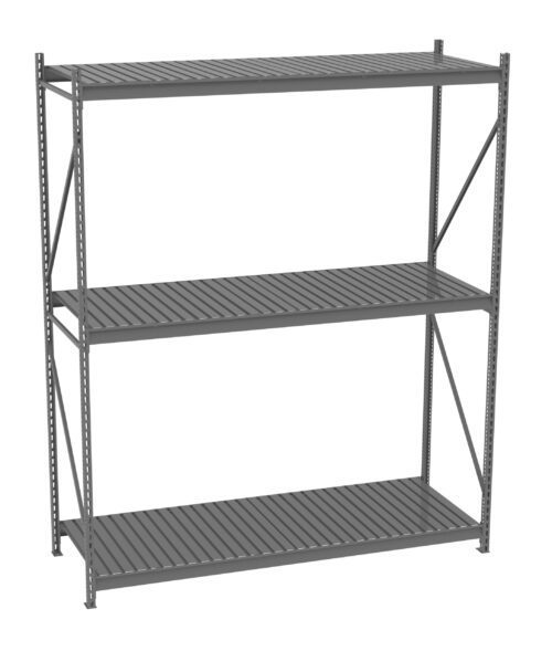 A three-tiered gray metal shelving unit with horizontal slatted shelves and vertical side supports. It has a simple, industrial design suitable for storage or organization in a garage or warehouse setting.