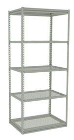 A tall, freestanding metal shelving unit with five shelves. The frame and shelves are made of gray metal, with a sturdy, open design. Suitable for storage and organization in a garage or warehouse setting.