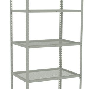 A tall, freestanding metal shelving unit with five shelves. The frame and shelves are made of gray metal, with a sturdy, open design. Suitable for storage and organization in a garage or warehouse setting.