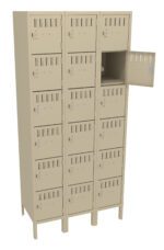 A beige metal locker unit with three columns and six rows of lockable compartments. One compartment is open, showing empty storage space. The locker stands on four legs.