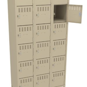 A beige metal locker unit with three columns and six rows of lockable compartments. One compartment is open, showing empty storage space. The locker stands on four legs.