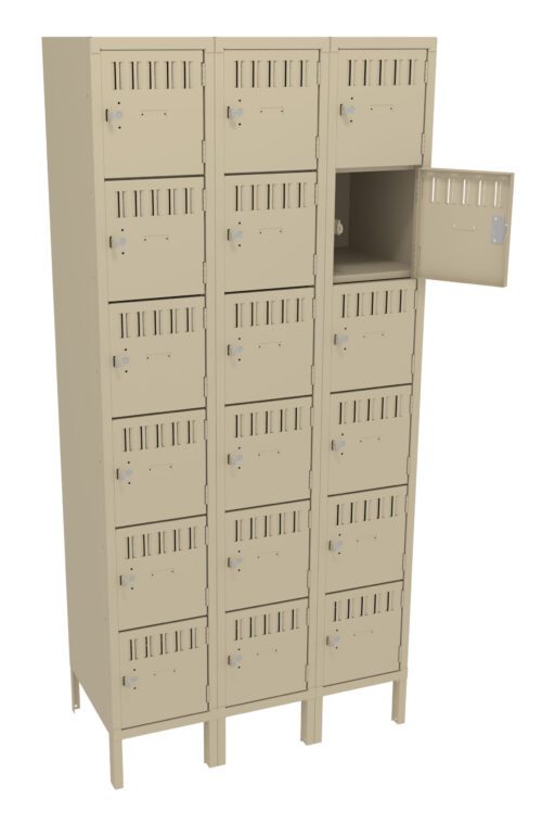 A beige metal locker unit with three columns and six rows of lockable compartments. One compartment is open, showing empty storage space. The locker stands on four legs.