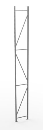 A tall, metal shelving frame with vertical supports and diagonal cross-bracing, designed for industrial storage. The frame is light gray and stands against a white background.