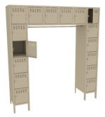 A tall, beige locker unit with multiple compartments arranged in a U-shape. Some doors are open, showing interior storage space. The unit stands on legs and includes a variety of lockable sections.
