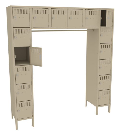 qkgicmbx8pxsqodziddh.jpg A tall, beige locker unit with multiple compartments arranged in a U-shape. Some doors are open, showing interior storage space. The unit stands on legs and includes a variety of lockable sections.