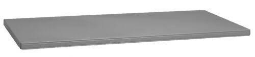 A flat, rectangular, gray metallic shelf shown against a white background. The surface appears smooth, with sharp edges and a minimalistic design.