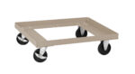 A beige metal dolly with a square frame and four swivel caster wheels, designed for moving heavy items. The frame is open in the middle, and the wheels are black with silver metal fixtures.