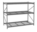 A sturdy, gray metal shelving unit with three spacious, wire-grid shelves. The frame is reinforced with diagonal support beams on the sides and back. Ideal for storage in a garage or warehouse setting.