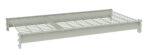 Image of a beige metal shelf with a grid pattern, designed to be mounted between two vertical supports. The shelf is made of thin metal rods intersecting in a grid, providing an open, airy structure.
