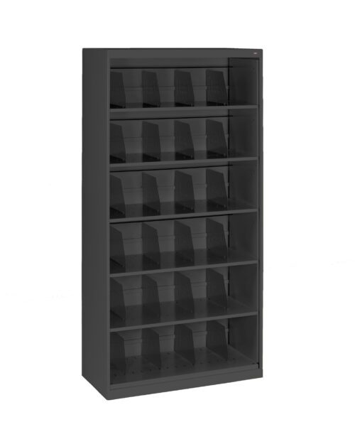 A tall, black, metal storage shelf with six rows, each containing six individual compartments. The design is minimalist, and the shelves are mostly empty, highlighting the sleek, reflective surface.