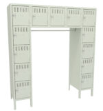 A modular locker system featuring two vertical rows of six compartments each, with an additional row of five horizontal compartments on top. The lockers are pale green and have vent slots and handles.