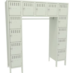 A modular locker system featuring two vertical rows of six compartments each, with an additional row of five horizontal compartments on top. The lockers are pale green and have vent slots and handles.
