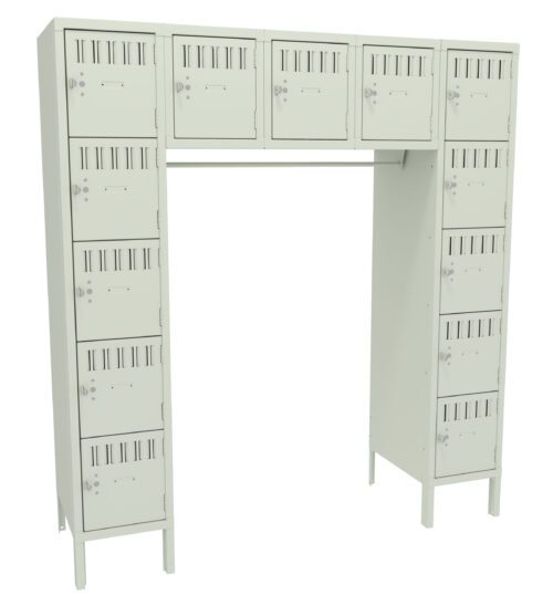 qlgfpk4tpbgmc5bd9vgy.jpg A modular locker system featuring two vertical rows of six compartments each, with an additional row of five horizontal compartments on top. The lockers are pale green and have vent slots and handles.