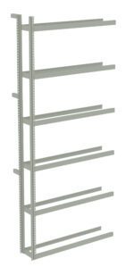 A tall, gray metal shelving frame with six horizontal bars on each side, ready for shelf installation. The unit is freestanding with a minimalist design, suitable for storage or organizational purposes.