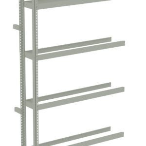A tall, gray metal shelving frame with six horizontal bars on each side, ready for shelf installation. The unit is freestanding with a minimalist design, suitable for storage or organizational purposes.