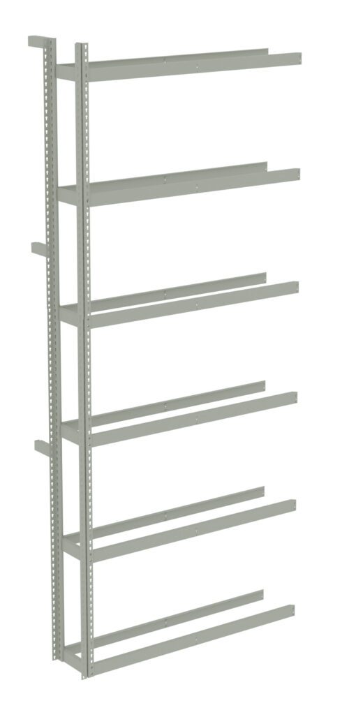 A tall, gray metal shelving frame with six horizontal bars on each side, ready for shelf installation. The unit is freestanding with a minimalist design, suitable for storage or organizational purposes.