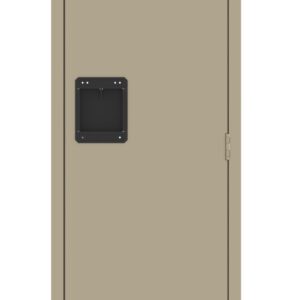 A tall, beige metal locker with a vented door and a black rectangular handle. The locker is closed and stands upright against a plain white background.