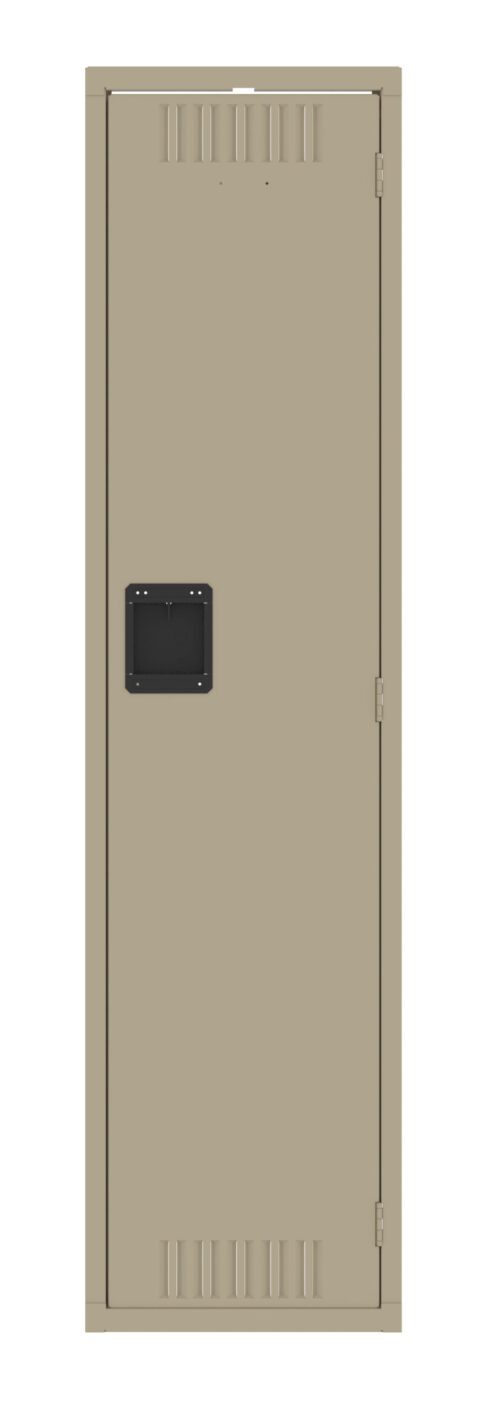 A tall, beige metal locker with a vented door and a black rectangular handle. The locker is closed and stands upright against a plain white background.
