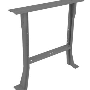 Gray metal table leg frame with a rectangular top support, two angled side legs, and a connecting horizontal bar at the bottom. The design features several pre-drilled holes for assembly.