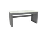 A simple rectangular desk with a white tabletop and gray metal legs and support bars. The design is minimalistic and suitable for office or study environments.