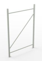 A metal storage rack frame with vertical and horizontal beams, featuring a diagonal support bar. The structure stands on a white background, showcasing its unassembled, open design suitable for shelving purposes.