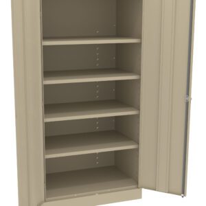 A beige metal storage cabinet with one open door, displaying five adjustable shelves. The cabinet is empty and stands against a plain background.