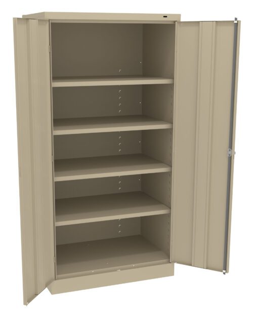 qmcvqu5v2ld0h0bzbcpb.jpg A beige metal storage cabinet with one open door, displaying five adjustable shelves. The cabinet is empty and stands against a plain background.