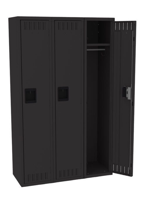 Image of a three-compartment locker unit. Two compartments are closed, and one is open, revealing a rod inside for hanging items. The lockers are dark-colored with ventilation slits at the top and bottom of each door. A lock is visible on the open door.