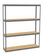 A metal-framed shelving unit with four wooden shelves against a white background. The shelves are evenly spaced, providing ample storage space. Ideal for garage or warehouse organization.