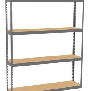 A metal-framed shelving unit with four wooden shelves against a white background. The shelves are evenly spaced, providing ample storage space. Ideal for garage or warehouse organization.