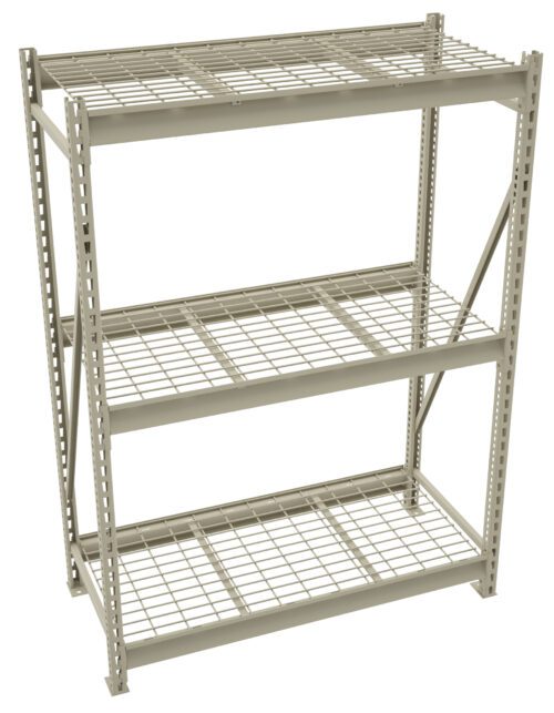 qnb498b8ngzhfagktvbd.jpg Metal shelving unit with three wire grid shelves and a sturdy frame, designed for storage. The shelves are evenly spaced, and the structure is open with diagonal supports on the sides for stability.