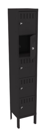 A tall, narrow black metal locker with five compartments, each featuring a handle and lock. The third compartment from the top is open, revealing an empty space inside. The locker stands on four legs.
