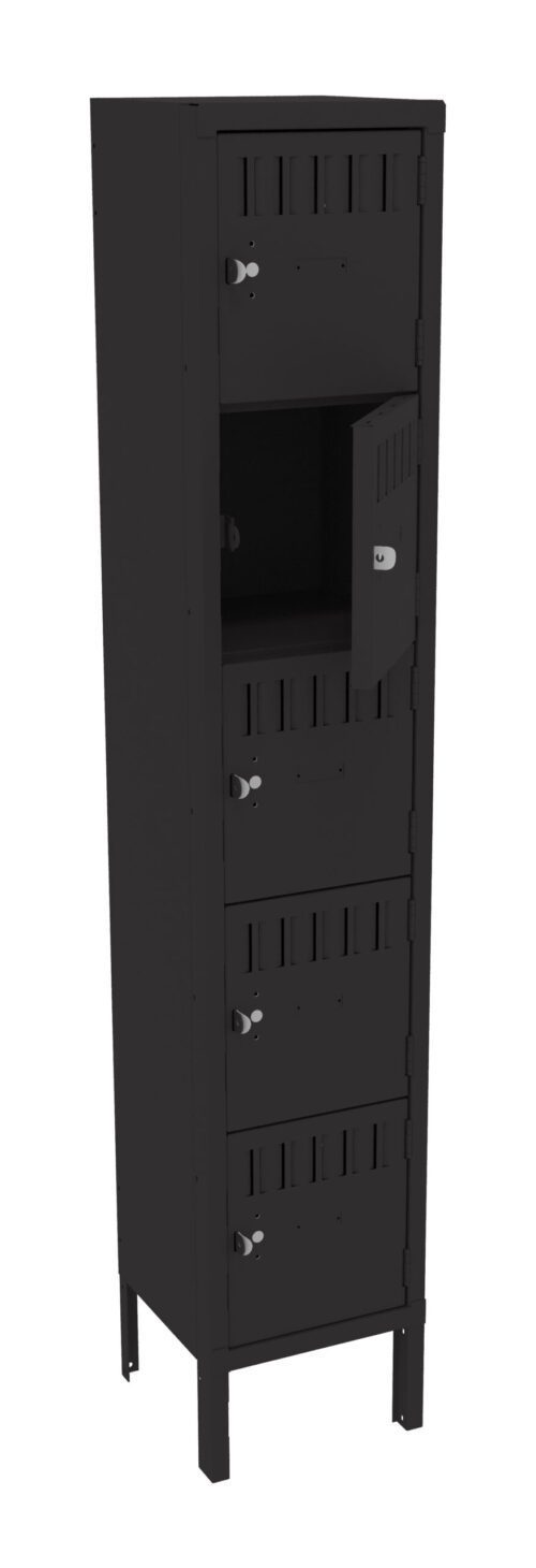 qnfykgjuxr3sz32q58zu.jpg A tall, narrow black metal locker with five compartments, each featuring a handle and lock. The third compartment from the top is open, revealing an empty space inside. The locker stands on four legs.