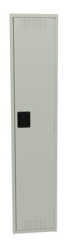 A tall, beige metal locker with a black handle and vents at the top and bottom. The locker is standing upright against a white background.